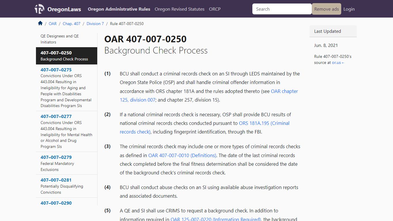 OAR 407-007-0250 – Background Check Process - OregonLaws
